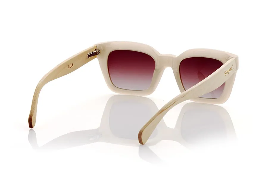 Wood eyewear of Maple ELLA. ELLA sunglasses are the perfect accessory for any woman looking for a combination of style and functionality. With a satin clear deep bone front frame, the frame is thicker and has a square shape with rounded corners for a touch of sophistication. The wide light maple temples perfectly match the frame. Whether it's a sunny day at the beach or a walk through the city, ELLA glasses will accompany you wherever you go. Front measurement 148x51 Caliber: 50 for Wholesale & Retail | Root Sunglasses® 
